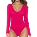 Women's rose red long sleeve V-neck yoga bodysuit with moisture-wicking fabric - S / Rose Red