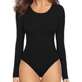 Slim fit black long sleeve yoga bodysuit with crew neck for fitness and workout - S / Black