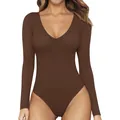 Deep V-neck long sleeve bodysuit in brown stretchy fabric for yoga and fitness - S / Coffee