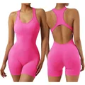 Bright pink backless yoga bodysuit with built-in pads and hollow out design - S / Jumpsuits / Rose Red