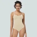 Sleek beige seamless bodysuit with ultra-thin straps and deep V-neck design - S / Nude