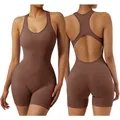 Sleepless coffee brown seamless sports bodysuit with hollow out back and chest pads - S / Jumpsuits / Dark Brown
