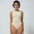 Seamless light beige ribbed bodysuit with sleeveless halter neck and round collar - XL / Nude