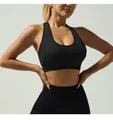 Detail of high-stretch breathable knit fabric on black U-neck sports bra and yoga pants - XL / Tops / Black