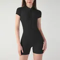 Body de yoga negro ajustado de manga corta con cuello alto y cremallera frontal - Negro