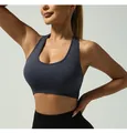 Detailed view of dark grey seamless sports bra with U-neck and breathable knit texture - XL / Tops / Navy Blue