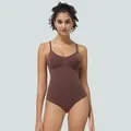 Seamless coffee brown bodysuit with thin straps and V-neckline for women's shaping - L / Brown