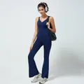 Navy blue backless yoga jumpsuit with V-neck and flared legs for fitness wear - Blue 4356 (With Chest Pads)