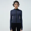 Slim fit navy blue seamless yoga jacket with full zipper and functional thumb holes - S / Blue