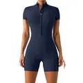 Body da yoga blu scuro slim fit con maniche corte e collo alto con mezza zip sportiva - Taglia S / Blu Notte