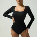Black ribbed square neck long sleeve bodysuit with seamless athletic fit for women - S / Black