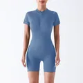 Pagliaccetto sportivo a coste blu polvere con mezza zip per allenamento donna - Taglia S / Blu nebbia senza cuciture