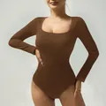 Brown long sleeve ribbed bodysuit for women with a deep square neckline for fitness - S / Light Coffee