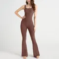 Deep brown one-piece seamless yoga bodysuit featuring flared legs and high-waist body shaping - S / Coffee