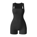 Ribbed sleeveless yoga romper in black with square neck and high elasticity slim fit design - S / Black