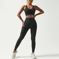 Seamless black high-waist yoga set including sports bra and compression leggings - XL / Top And Bottom / Black