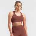 Brick red seamless yoga set with crisscross sports bra and high-waist ribbed leggings - XL / Tops / Brown