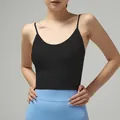 Slim fit black yoga tank top with thin straps and ribbed hem for athletic wear - Long Waist Black