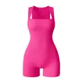 Ribbed hot pink sleeveless yoga bodysuit with square neck and moisture-wicking fabric - S / Rose Red
