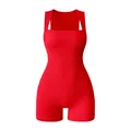 Red ribbed square neck sleeveless yoga bodysuit with high stretch and athletic fit - Red