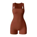 Ribbed knit yoga romper in brick red with square neck and wide straps high elastic fit - Coffee