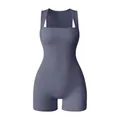 Ribbed square neck yoga bodysuit in dark greyish purple with wide straps - S / Gray Blue