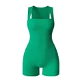 Emerald green ribbed knit sleeveless yoga bodysuit with square neck and wide straps - S / Green