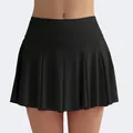 High-waisted black pleated tennis skirt with elastic waistband and inner shorts for fitness - XS / Black