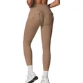 Khaki brown high-waisted yoga pants with cargo pockets and peach hip scrunch detail - S / Bottoms / Long / Khaki