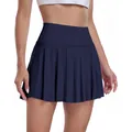 Women's high waisted pleated tennis skirt with inner pockets in deep navy blue - Dark Blue