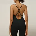 Black ribbed seamless yoga bodysuit with backless cross strap design for women - S / Top And Bottom / Black