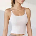 White high-impact sports bra with thin cross straps and stylish lavender contrast trim - Ivory