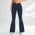 High-waisted navy blue flared yoga pants with V-cross waistband for athletic training - S / Navy Blue