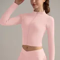 Pink slim-fit long sleeve yoga jacket with zipper, thumbholes and ribbed texture - S / Pink