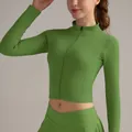 Slim fit grass green yoga jacket with full zipper and ribbed texture for fitness - S / Green