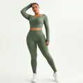 Conjunto de yoga verde oliva de dos piezas con top corto de manga larga y leggings - XL / Verde