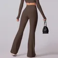 Conjunto de yoga para mujer en marrón oscuro con pantalones acampanados y top corto de manga larga - M / Gris Ébano