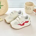 White children sneakers with red stripes, mesh panels, and velcro straps in side view - Size 16 (Inner Length 11.5cm) / Red