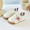 Toddler white leather sneakers with red cartoon charm and non-slip rubber gum sole - Size 21-25 / Red