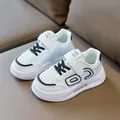 Classic white leather kids sports sneakers with black accents and velcro straps - Size 21 (Inner length 13.5CM) / Black