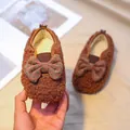 Braune Plüsch-Babyschuhe aus Lammwolle mit süßer grüner Punkte-Schleife verziert - EU 22 / Braun