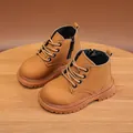 Classic tan brown faux leather kids martin boots with laces and side zippers - 21-25 / Yellow