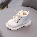 Creamy white children's leather boots with warm faux fur lining and anti-slip thick soles - White (Fleece-lined)