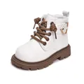 British style white children's Martin boots with brown thick rubber soles and gold metal buckles - Size 21 (Inner Length 13CM) / White