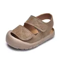 Brown infant closed-toe sandals with dual velcro straps and anti-slip rubber soles - US 15 / Khaki