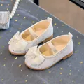 Sparkly silver sequin girls princess shoes with ribbon bow for party and dance - Size 27 (Length 16cm) / White