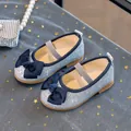Sparkly blue sequin girl princess flats with a dark blue bow and elastic strap - Size 24 (Inner 14.5cm) / Silver
