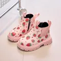 Pink girls' strawberry print Martin boots with side zipper and soft sole - Size 21 (13.5cm) / Pink