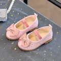 Pink glitter Mary Jane flats for girls featuring a large bow and elastic strap - Size 24 (Inner 14.5cm) / Pink