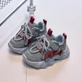 Kids grey faux leather sneakers with red tape accents and anti-slip thick soles - Size 21 (Inner Length 13.5cm) / Gray